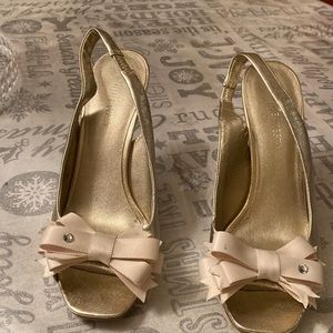 Nine West shoes metallic 3” inch heels elastic backing with open and heel open